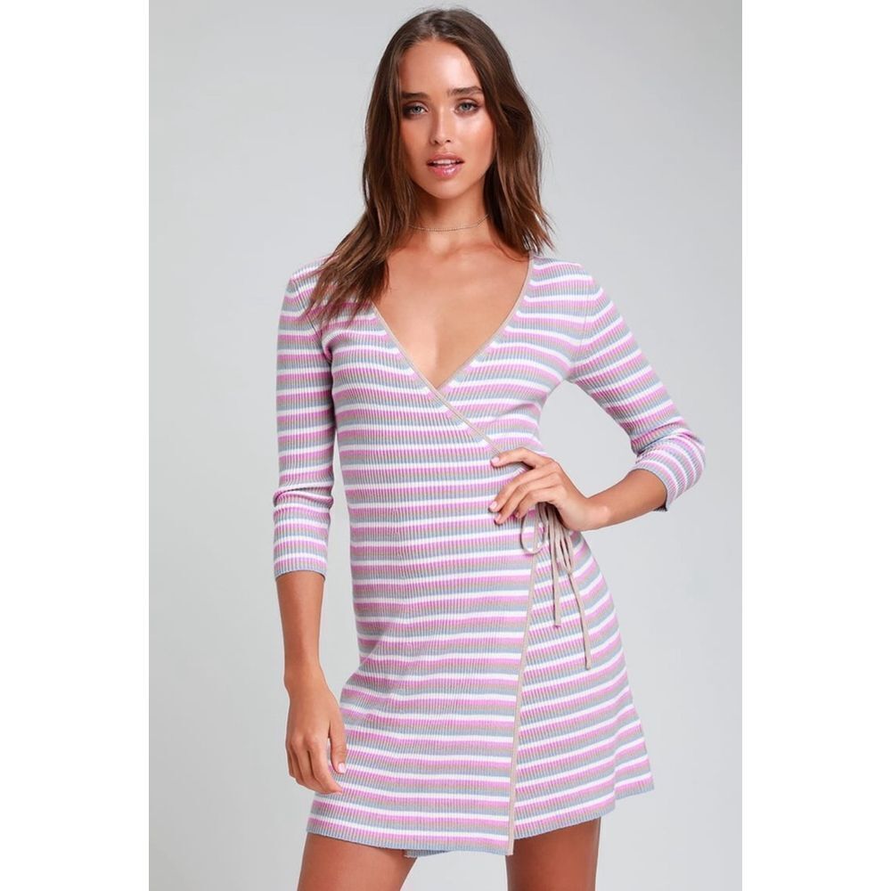 Lulus Supremely Sara Taupe Multi Striped Sweater Wrap Dress